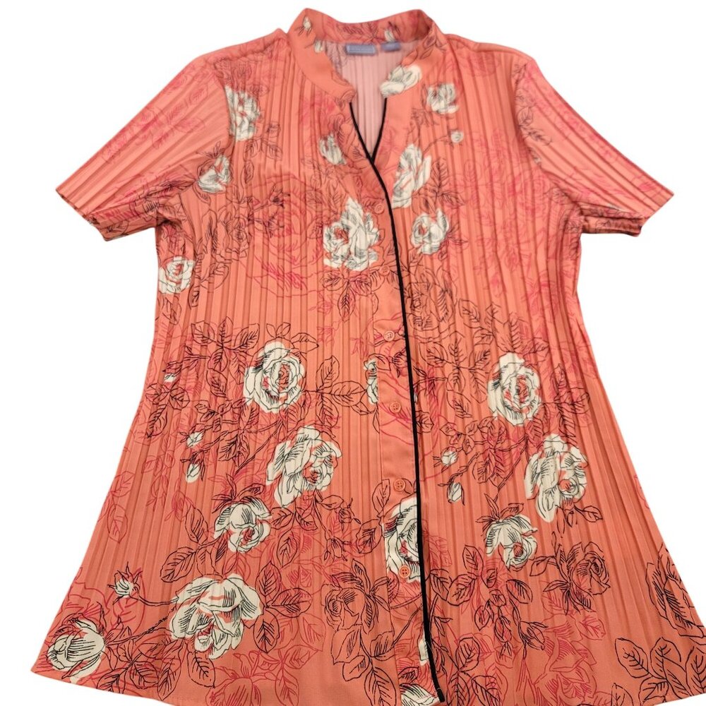 Laura Scott Large Floral Pleated Button-Up Coral Roses Short Sleeve Lightweight